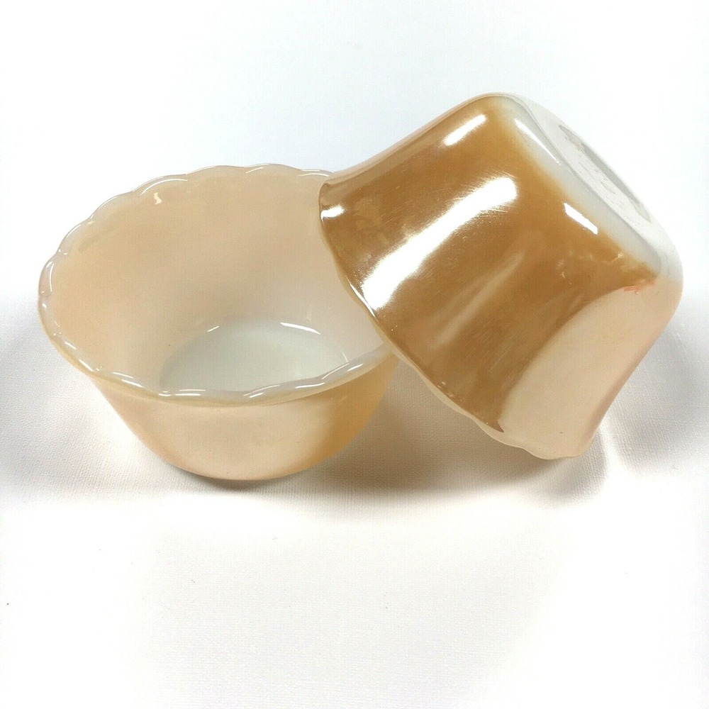 Vintage Anchor Hocking Dessert Cup Set Fire King Scalloped Peach Lusterware 2 Pc